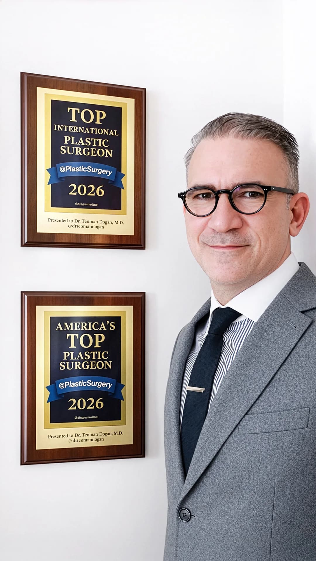 America's Top Plastic Surgeon 2026 recognition plaque presented to Dr. Teoman Dogan