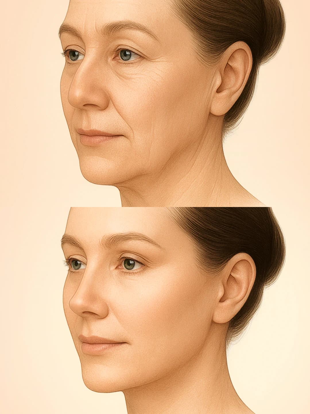 Medical illustration comparing facial contours before and after a facelift