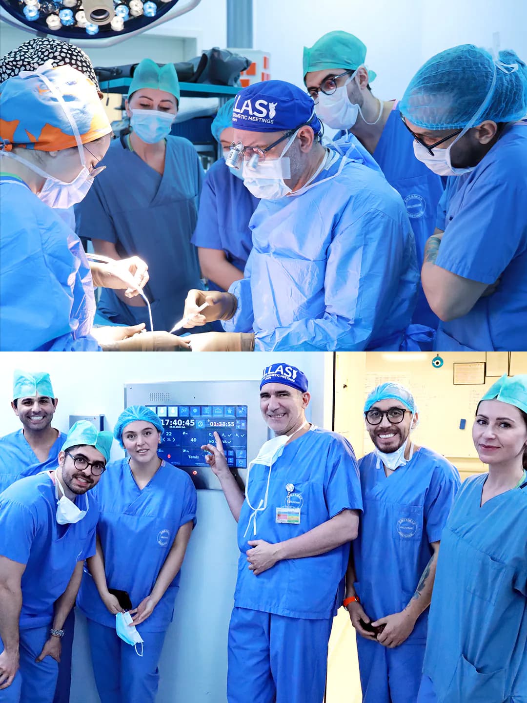 Dr. Teoman Dogan teaching visiting surgeons in the operating room, with the Teo Clinic surgical team